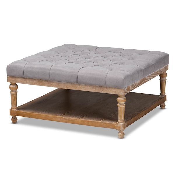 Baxton Studio Kelly Grey Linen Upholstered and Greywashed Wood Cocktail Ottoman 164-10650 - main